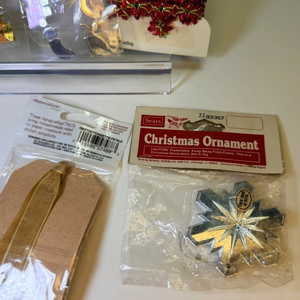 Vintage Christmas Craft Lot Sears Ornament Kmart Wood Sign Novtex Trim Gift Tags